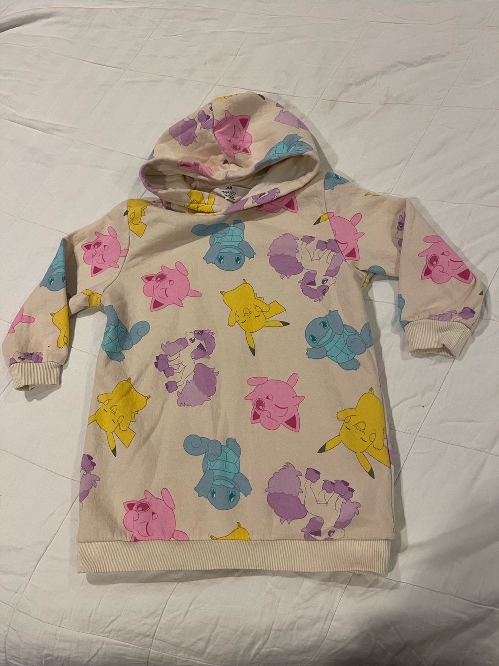H&M Pokemon Beige Hoodie Pink Yellow Pikachu Sz 4T Girls Tunic 3/4 Sleeve Long